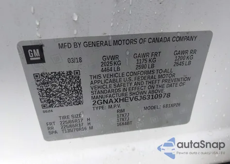 2018 Chevrolet Equinox Ls из США, поврежденный, VIN 2GNAXHEV6J6310978